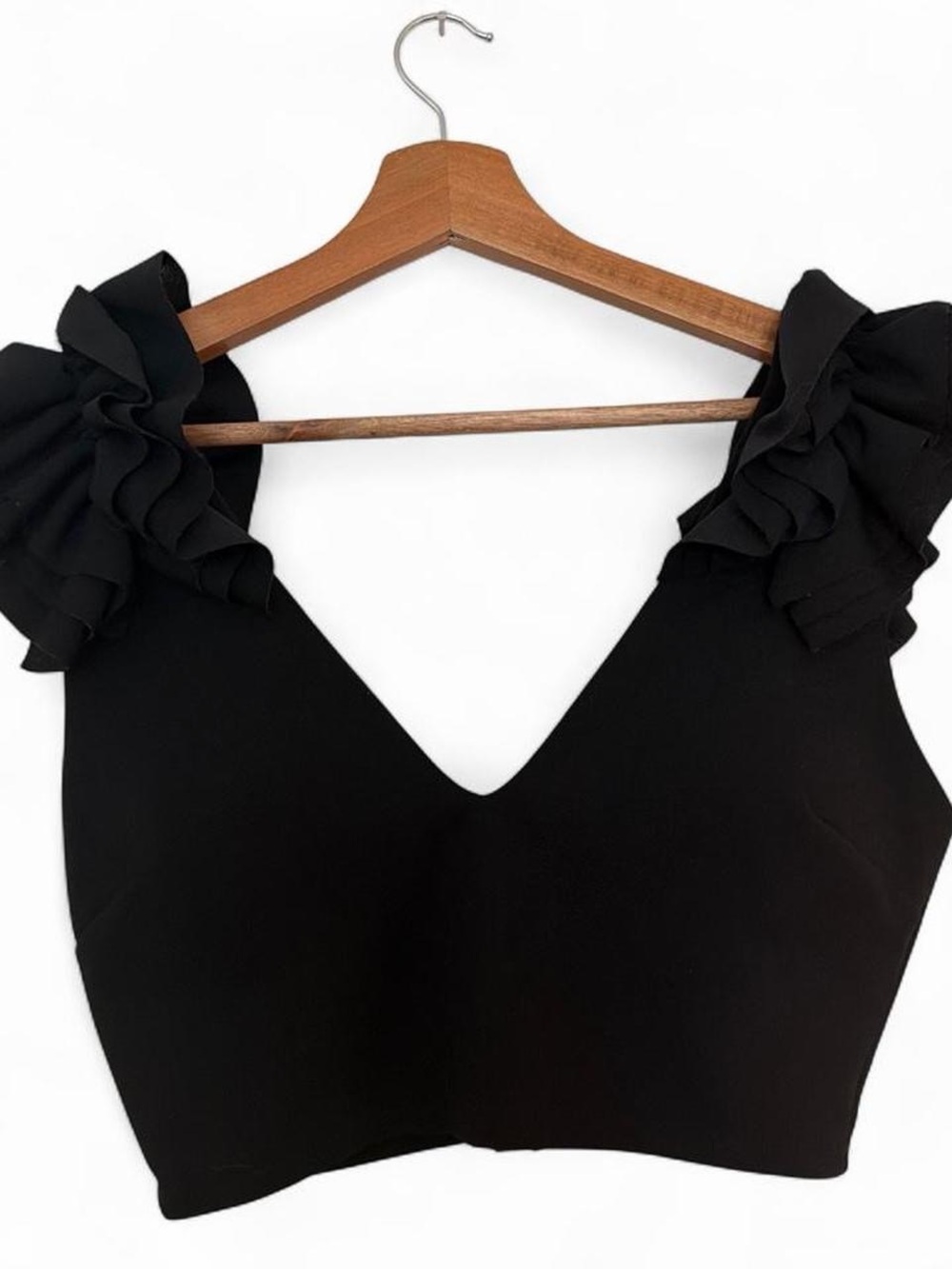 NWOT Ruffle Black Crop Top with V-Neck - Italian